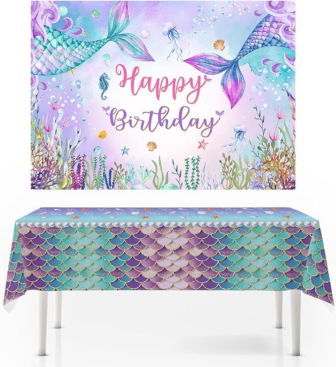 Mocsicka Mermaid Birthday Backdrop and Tablecloth Bundle Party Decorations