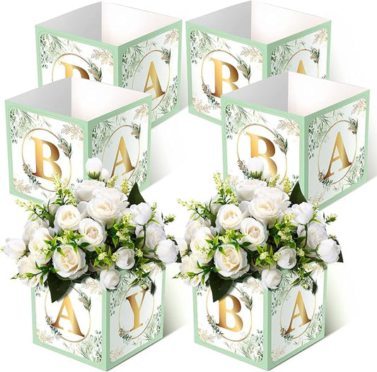 Bucherry 6 Pcs Baby Shower Centerpieces with Letters, 7" Baby Blocks Flower Boxes for Table Decorations, Gender Reveal Party Supplies & Photo Props(Green,Sage Green Leaf)