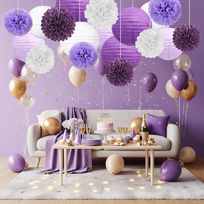18 PCS Purple White Paper Lanterns & Tissue Paper Pom Poms for Women Birthday, Baby Shower, Wedding, Bridal Shower, Hanging Paper Decor for Graduation Theme Party Supplies