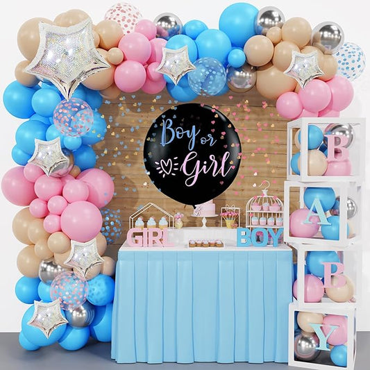 Amandir 164PCS Baby Boxes Gender Reveal Balloon Decorations, Pink and Blue Balloon Garland Kit 4pcs Boxes with Letters for Baby Shower Birthday Boy or Girl Gender Reveal Party Supplies