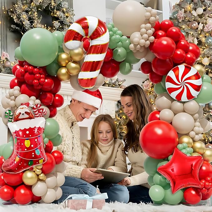Christmas Balloon Arch Garland Kit 159pcs Red Sage Green Gold Balloons With Candy Cane Swirl Christmas Stocking Foil Balloons Friendsmas Santa Ugly Sweater Party Decorations