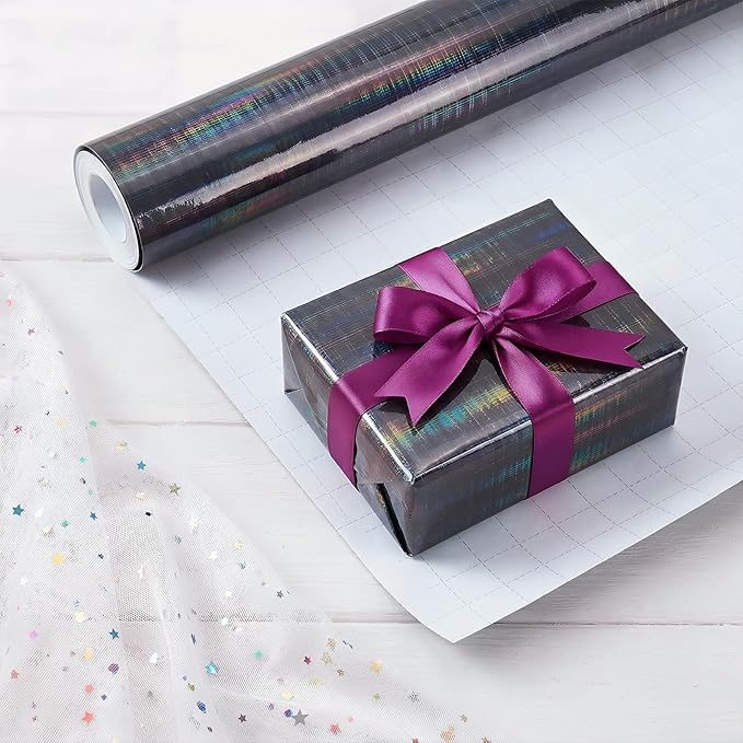 Bafeil Black Holographic Striped Wrapping Paper Roll with Ribbon, Metallic Iridescent Gift Wrap Paper for Birthdays, Mother’s Day, Graduations, Weddings, Father’s Day, Teachers’ Day