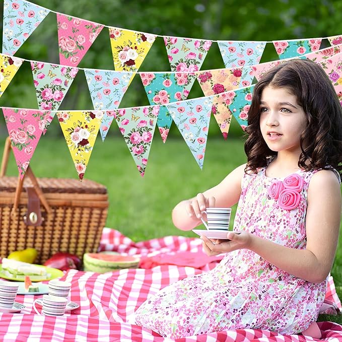 72 Pcs Vintage Floral Paper Bunting Banner Garland Bandana Pennants Outdoor Bunting Banner for Tea Party Decorations Flower Garden Yard Baby Shower Bridal Wedding Party Decorations