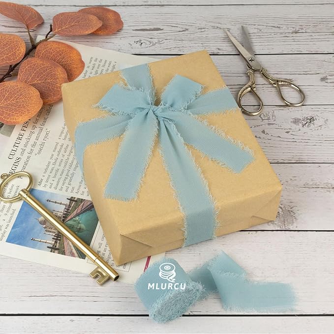 Haze Blue Chiffon Ribbon - 1 Inch x 21 Yards, Handmade Fringe, Silk, Boho Frayed, Gift Wrapping, Wedding Invitation, Bridal Flower Bouquets