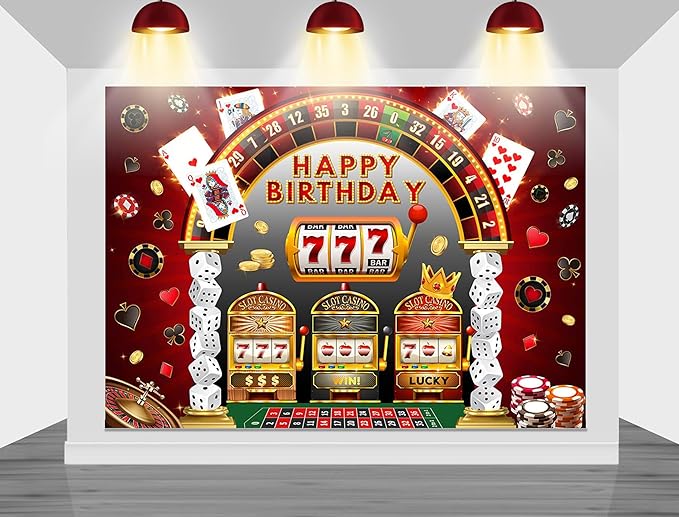 Mocsicka Casino Birthday Backdrop Las Vegas Theme Casino Night Happy Birthday Party Banner Decorations Dice Poker Birthday Photography Background Photo Booth Prop (Black/Red, 8x6ft(96''x72''))