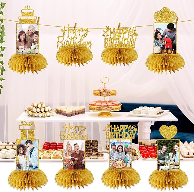 Eucutur 8Pcs Honeycomb Birthday Decorations - Gold Glitter Centerpieces for Women & Men, Happy Birthday Photo Table Toppers, 16th-60th Bday