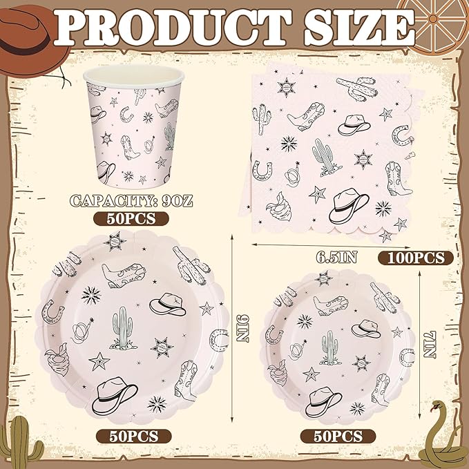 Domensi 250 Pcs Western Cowboy Party Decorations Cowboy Paper Plates Napkins and Cups Serve 50 Wild West Disposable Tableware Set for Rodeo Birthday Baby Shower Party Supplies Decoration