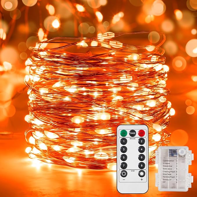 Ariceleo 2 Pack 32.8 Ft. Battery Operated Outdoor String Lights with Remote & Timer, LED Orange Fairy Lights, Waterproof Twinkle Lights for Bedroom, Dorm, Mason Jar, Wedding, Party, Christmas