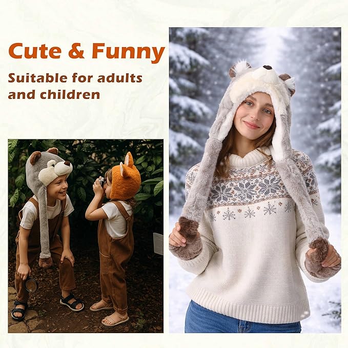Surblue Animal Hat with Ears Moving Jumping Winter Plush Cap Halloween Christmas Party for Adult Teenager, One Size