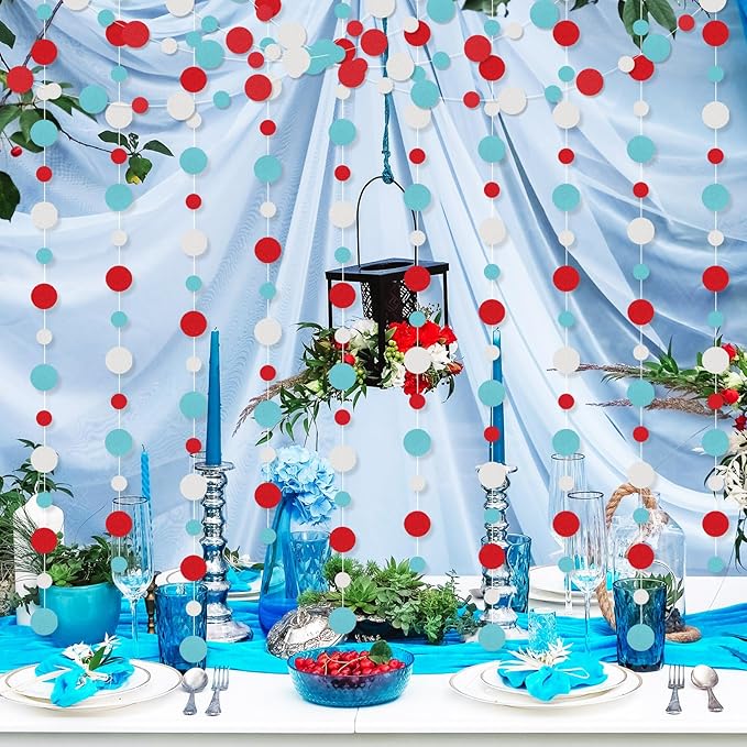 Outus 10 Pieces Colorful Circle Garland Banner Hanging Paper Dot Decorations for Classroom, Birthday Party, Baby Shower, Wedding Backdrop & Photo Booth Graduation Decor (Light Blue,White,Red)