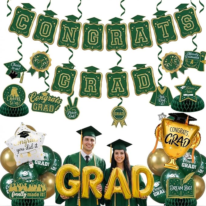 Green Gold Balloons GRAD Print Balloons with Banner Table Honeycomb Centerpieces Hanging Swirl trophy star GRAD Letters Mylar Balloons for 2026 graduate Prom Decorations