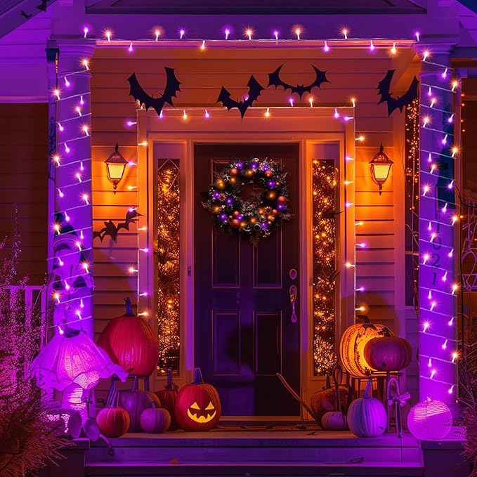 120 LED Orange and Purple Christmas Lights 40 FT String Lights Indoor Outdoor Clear Wire with 8 Modes, Plug in Waterproof Christmas Light for Tree Party Bedroom Thanksgiving Decorations