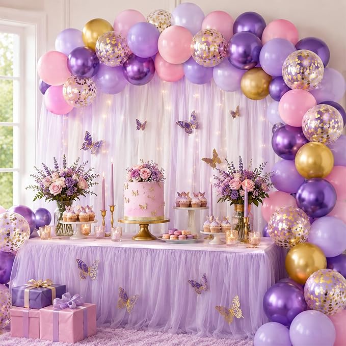 Pink and Purple Balloons, 60PCS Pastel Purple and Pink Balloons, 12 Inch Metallic Gold Confetti Latex Balloon for Women Girls Baby Shower Bridal Shower Birthday Butterfly Party Decor