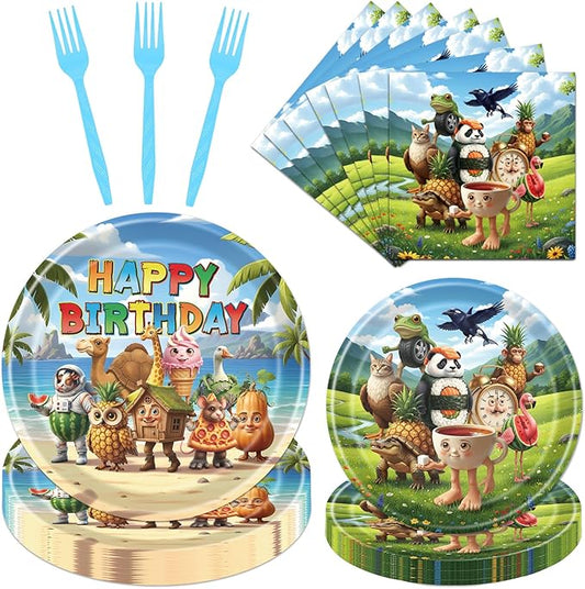 Italian Brain Rot Party Decorations - 96PCS Tung Tung Tung Birthday Party Plates Napkins and Forks Disposable Dinnerware, Funny Animals Tralala Bday Supplies for Kids Adults