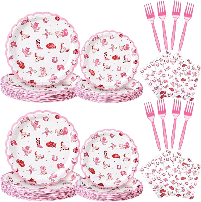 AmazingSpark 122 Pcs Pink Cowgirl Birthday Party Supplies Western Cowgirl Plates Napkins and Fork Disposable Bowknot Rodeo Tableware Set for Girls Baby Shower Wedding Bachelorette Decoration, Serve 24