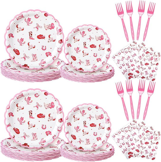 AmazingSpark 122 Pcs Pink Cowgirl Birthday Party Supplies Western Cowgirl Plates Napkins and Fork Disposable Bowknot Rodeo Tableware Set for Girls Baby Shower Wedding Bachelorette Decoration, Serve 24