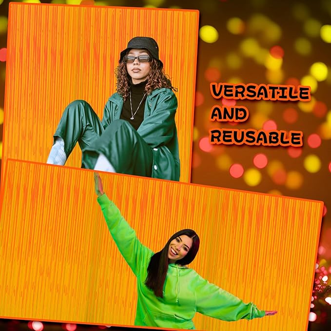 2 Pack Glow in The Dark Curtains Party Supplies 6.6 x 3.3 Ft Glow Tinsel Foil Fringe Curtains Orange Photo Booth Prop Backdrop Streamer for Birthday Holiday Neon Party Decorations