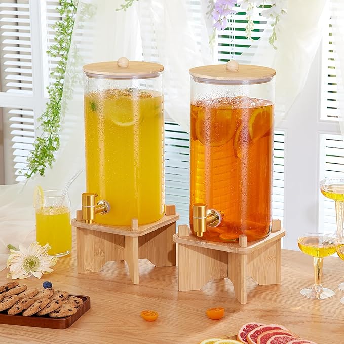 FavorFlavor Glass Drink Dispenser for Parties:2PCS 1.5 Gallon Large Beverage Dispenser with Stand,Water Lemonade Dispenser with Stainless Steel Spigot,Ideal for Dispensing Juice, Beverages, Sun Tea
