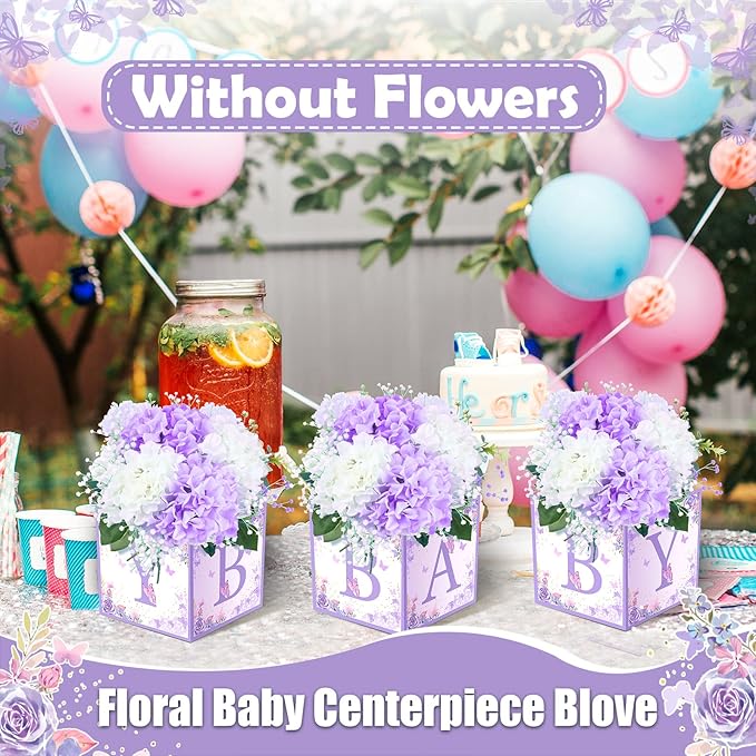 Bucherry 6 Pcs Baby Shower Centerpieces with Letters, 7" Baby Blocks Flower Boxes for Table Decorations, Gender Reveal Party Supplies & Photo Props(Purple,Purple Butterfly)
