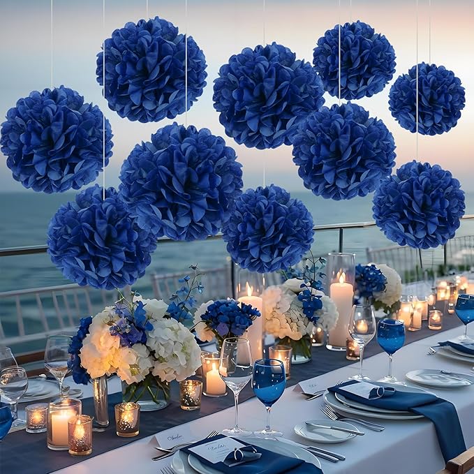 10 Pcs Paper Pom Poms Flowers for Wedding, Birthday Party, Baby Shower, Nursery Decor, Bachelorette Party Hanging Decor, Easy Joy (10 inch, Navy Blue)