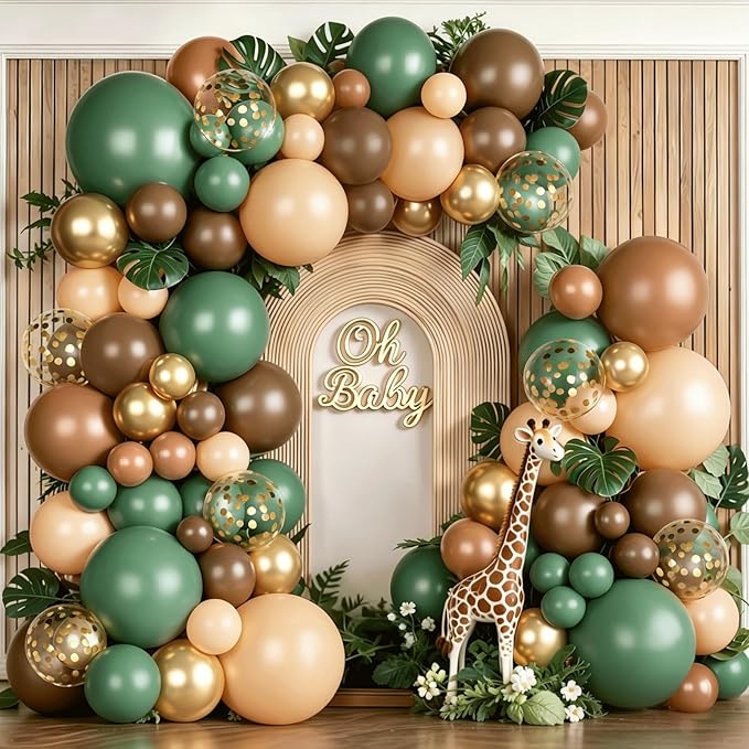 Sage Green Brown Balloons Arch Kit, Woodland Safari Balloon Garland with Sage Green Dark Brown Nude Metallic Gold Confetti Latex Balloons Garland for Birthday Party Jungle Dinosaur Forest Decorations