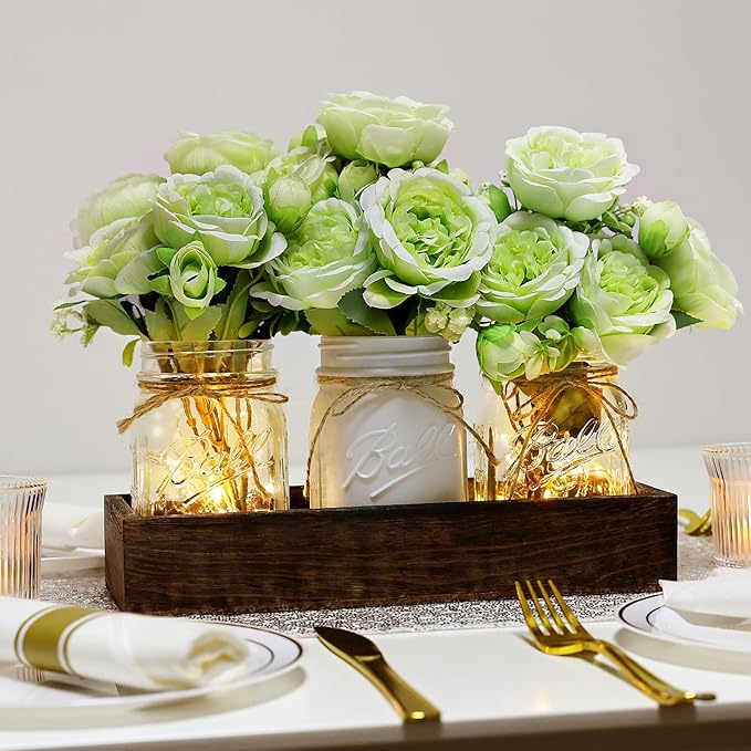 Mason Jar Table Centerpiece with Wood Tray, Fairy Lights, and Fake Flowers for Dining Room, Farmhouse Coffee Table Decor for Kitchen Living Room - Green