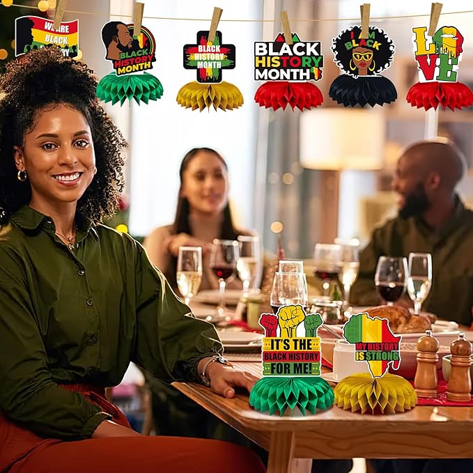 JULMELON 8PCS Black History Month Table Decorations, 3D Double Sided Black History Month Table Centerpieces, African American Honeycomb Office Decor for Party