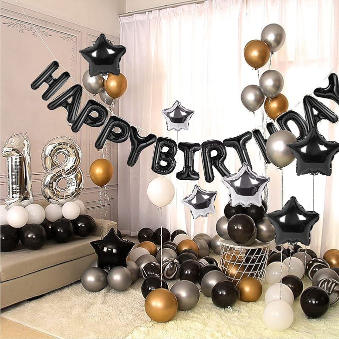 CANREVEL Happy Birthday Banner 13pcs 16 Inch Mylar Foil Letters with 12pcs Star Balloons Birthday Party Decorations - 3D Black