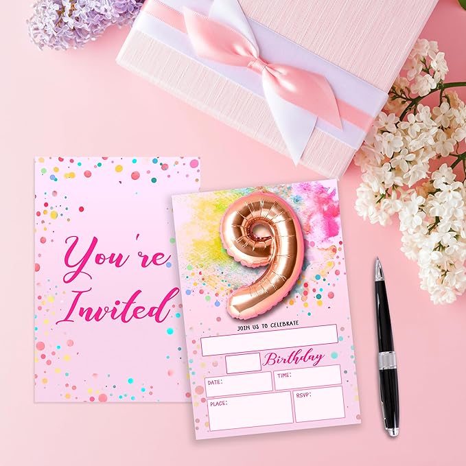 Rose Pink Balloon Birthday Invitations, 9th Surprise Birthday Party Invitations Cards with Envelopes, Confetti Polka Dot Fill-in Invites, 9th Pink Birthday Decorations for Girls -05