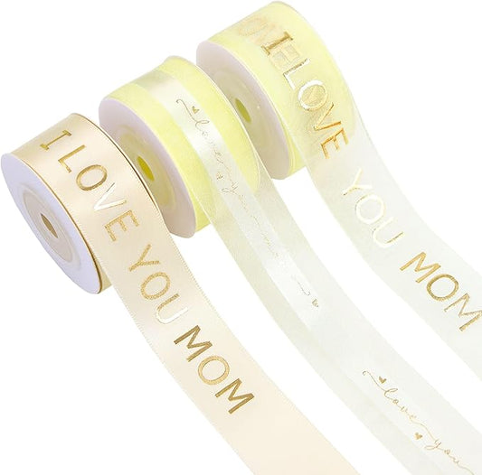 Mother’s Day Ribbon Set, 3 Rolls 1 Inch(25mm) x 6 Yards, Gold Foil “I Love You Mom” Satin & Organza Ribbon for Bouquets, Gift Wrapping, Flower Arrangements, Gift Boxes and DIY Crafts