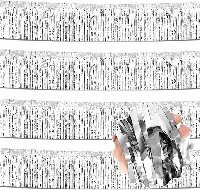 4 Pack 10 Ft Silver Foil Fringe Garland Metallic Streamers Tinsel Banner Wall Hanging Garland Backdrop for Parade Floats, Halloween, Christmas, Thanksgiving, New Year Party Decorations