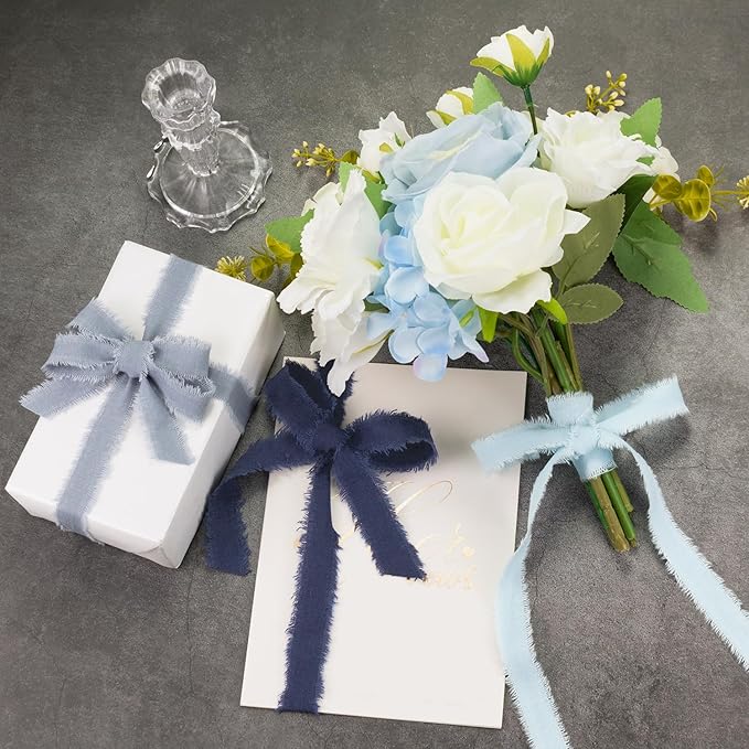 Dark Blue Cotton Ribbon 5/8 Inch Navy Blue, Dusty Blue & Baby Blue 3 Rolls 21 Yards Frayed Edge Fabric Set for Formal Wedding Decor, Graduation Party, Father's Day, Gift Wrapping & DIY Crafts