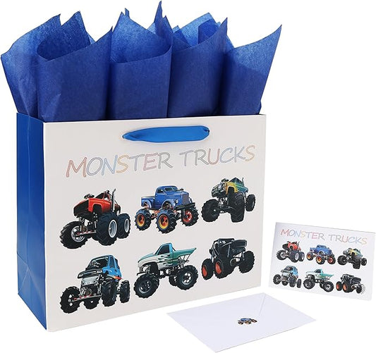 16.5” Extra Large Truck-themed Gift Bags Set with Greeting Card and Tissue Paper (Monster Trucks Design) for boys, Kids Birthday Party,Baby boy,Baby Shower,Newborn,New Moms or Parents