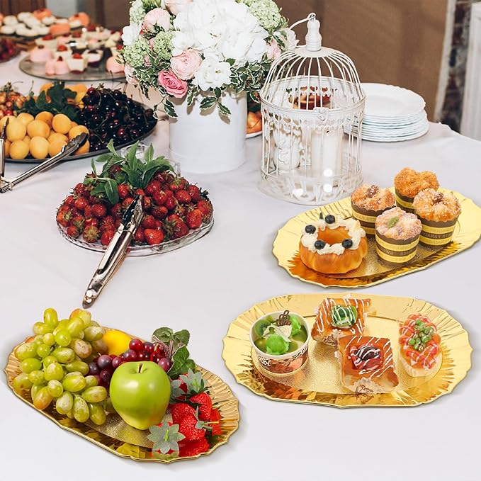 6 Pcs Gold Plastic Serving Trays Reusable Party Platters for Desserts, Snacks, Charcuterie, Cupcakes, Elegant Decorative Food Display, 14" x 8.5"