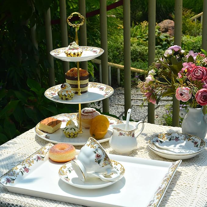 ACMLIFE 3-Tier Serving Stand Porcelain Cupcake Stand 3-Tier Tray Stand Bone China Afternoon Tea Stand Perfect for Tea Party