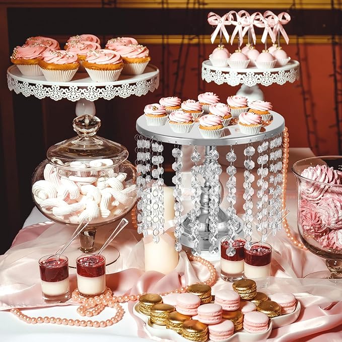 Bokon 6 Pcs Crystal Cake Stand Round Dessert Cupcake Holder Metal Stand Table Cake Pedestal with Crystal Pendant Wedding Bead Dessert Cupcake Pastry Display Plate for Wedding Birthday Party (Silver)