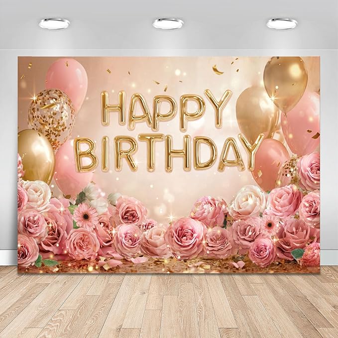 Mocsicka Rose Gold Birthday Backdrop Pink Balloon Floral Decorations for Women Girls Gold Anniversary Party Photography Background (Rose Gold, 96 x 72 Inch)