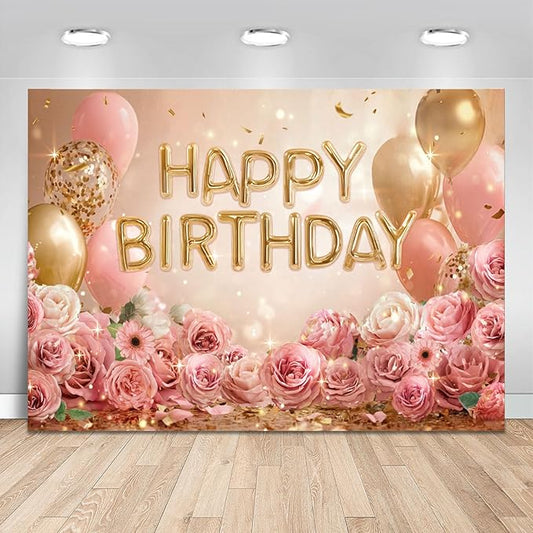 Mocsicka Rose Gold Birthday Backdrop Pink Balloon Floral Decorations for Women Girls Gold Anniversary Party Photography Background (Rose Gold, 120 x 96 Inch)