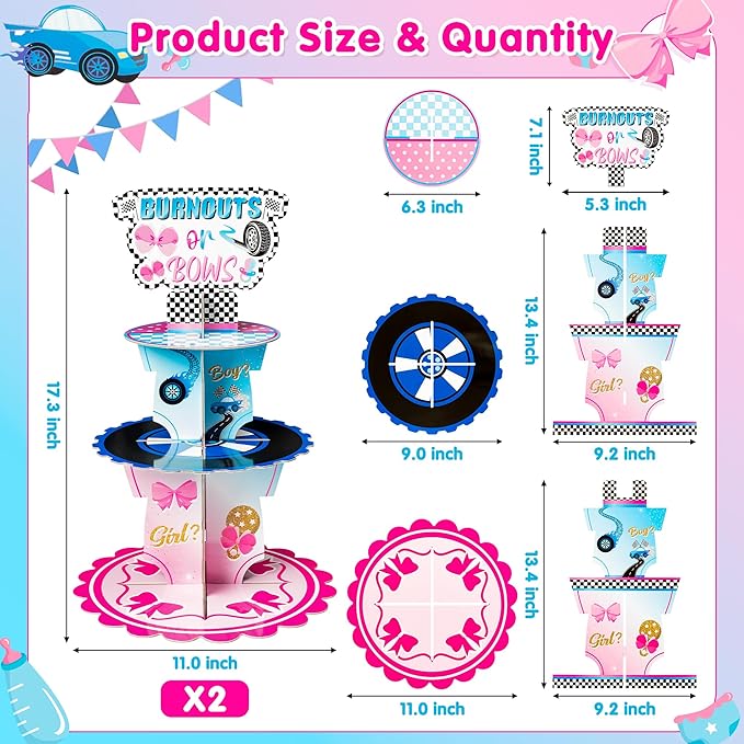 Haooryx Burnout or Bow Gender Reveal Party Cupcake Stand - 2 Pcs 3-Tier Racing Bow Cupcake Tower Cardboard Dessert Holder for Boy or Girl Baby Shower He or She Gender Reveal Party Table Decor Supplies
