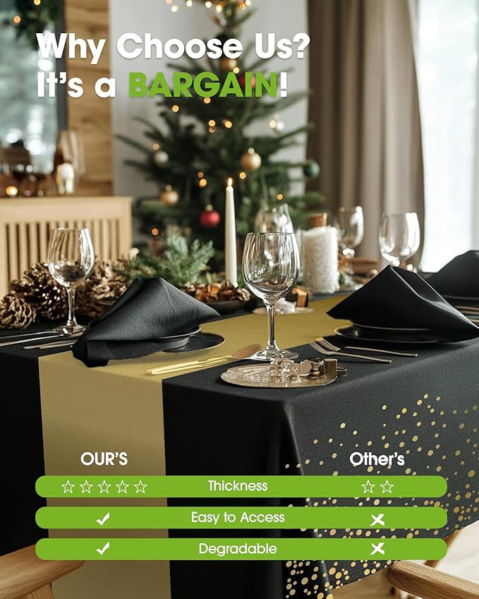 Pureegg Plastic Table Cloth Disposable 8 Pack, 54 x 108 Inch, Table Runner Style, Graduation Decorations 2026, Party Tablecloths, Rectangle, Plastic Cover, Leakproof & Sturdy, Black Gold