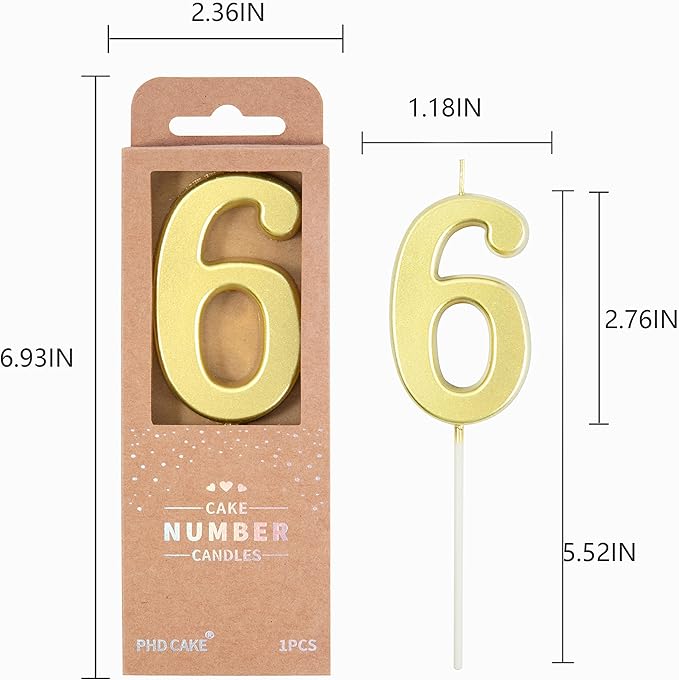 PHD CAKE 2.76 Inch Modern Gold 6 Number Birthday Candles, Gold Number Candles, Cake Number Candles, Party Celebration