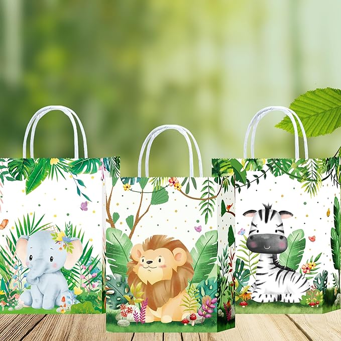W WINTMING Paper Gift Bags for Birthday 16Pcs Safari Animals Party Favor Bags with Handles Woodland Print Paper Candy Bags Goodie Bags for Wrapping Gifts Jungle Theme Party Supplies