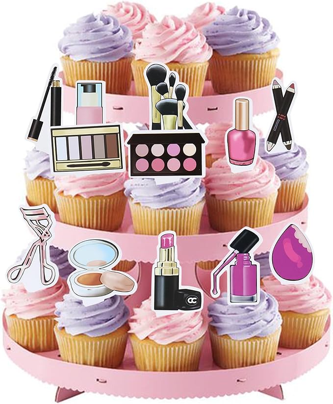 Ercadio 36Pcs Double-Sided Makeup Cupcake Toppers Lipstick Cosmetics Cupcake Picks Eye Shadow Eyelash Curler Food Picks for Girls Makeup Birthday Bridal Shower Bachelorette Party Decorations Supplies
