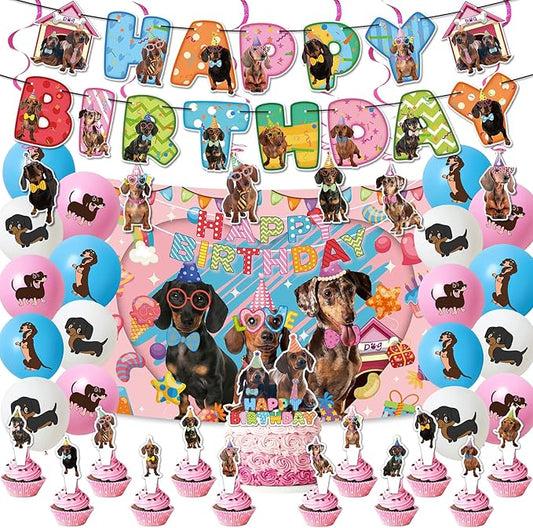 Dachshund Party Decorations Dachshund Birthday Party Supplies Includes Dachshund Birthday Banner Backdrop Spirals Cupcake Toppers Cake Topper Balloons for Funny Dachshund Decor