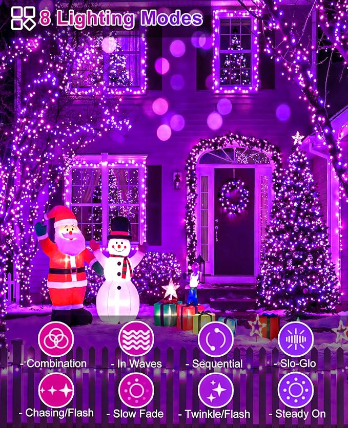 Purple Christmas Lights Outdoor, 80FT 240 LED Plug in String Lights for Outside Waterproof, 8 Modes Connectable Green Wire Fairy Twinkle Light for Indoor Home Xmas Garden Holiday Decorations