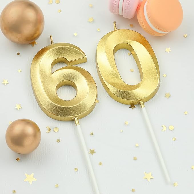 2.76 Inch Diamond Gold 60 Number Birthday Candles, Gold Number Candles, Cake Number Candles, Party Celebration
