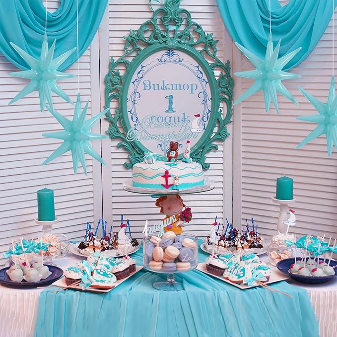 TONIFUL 4 Pcs 22inch 4D Light Blue Explosion Star Mylar Balloons for Party Backdrop Christmas,New Year Birthday, Wedding Baby Shower Anniversary Photo Booth Supplies