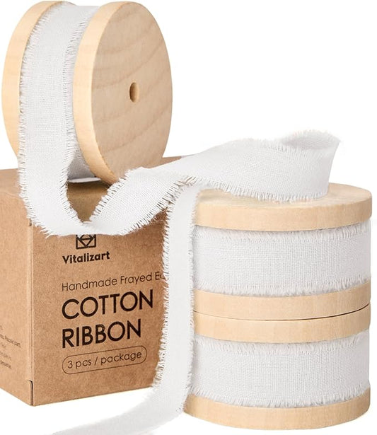 Vitalizart White Cotton Ribbon Handmade Fringe 5/8" x 21 Yd Pure Natural Cotton Ribbons for Gift Wrapping Wedding Invites Bridal Shower Bouquets Holiday Decor
