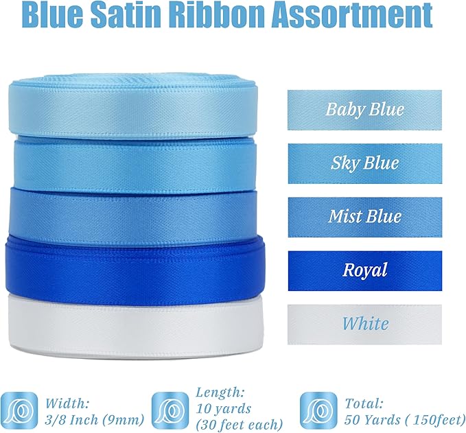 MAYREEL Blue Satin Ribbon 3/8 Inch Thin Light Baby Blue Ribbon Assortment for Gift Wrapping Wedding Bridal Baby Shower Party Decorations 5 Rolls x 10 Yards Total 50 Yards