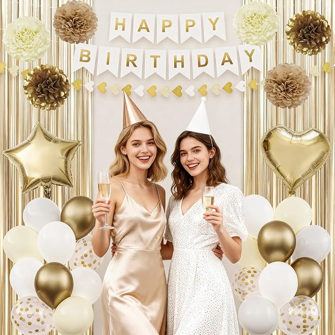 Gold Birthday Decorations for Women, Happy Birthday Party Decorations, Happy Birthday Banner, Gold White Sand Ivory Balloons, Tissue Paper Pompoms, Heart Garland, Party Decor for Girls